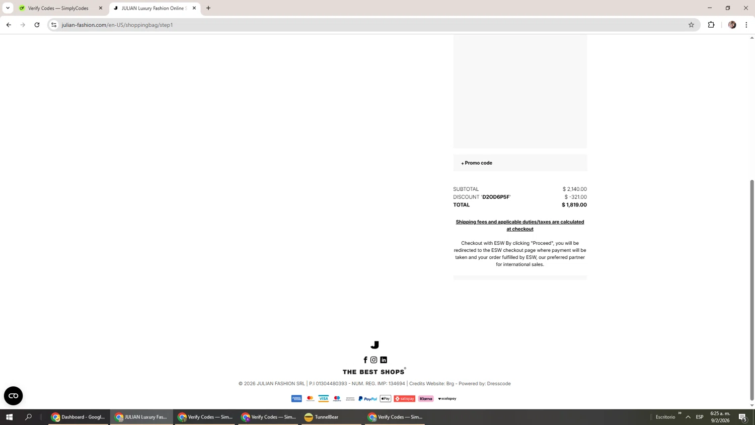 Julian Fashion checkout page showing Julian Fashion promo code box | Screenshot taken by SimplyCodes community member on Feb 9, 2026
