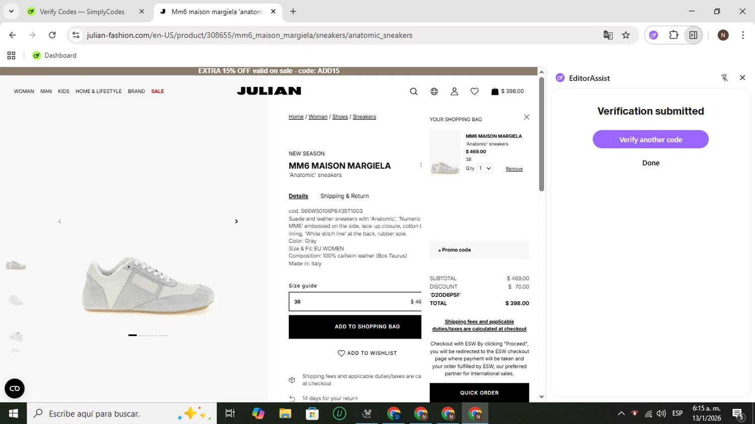 Julian Fashion checkout page showing Julian Fashion promo code box | Screenshot taken by SimplyCodes community member on Jan 13, 2026
