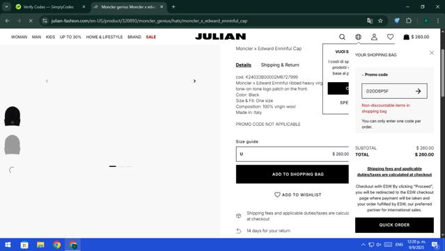 Julian Fashion checkout page showing Julian Fashion promo code box | Screenshot taken by SimplyCodes community member on Sep 9, 2025