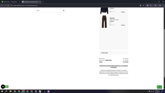 Julian Fashion checkout page showing Julian Fashion promo code box | Screenshot taken by SimplyCodes community member on Sep 20, 2025