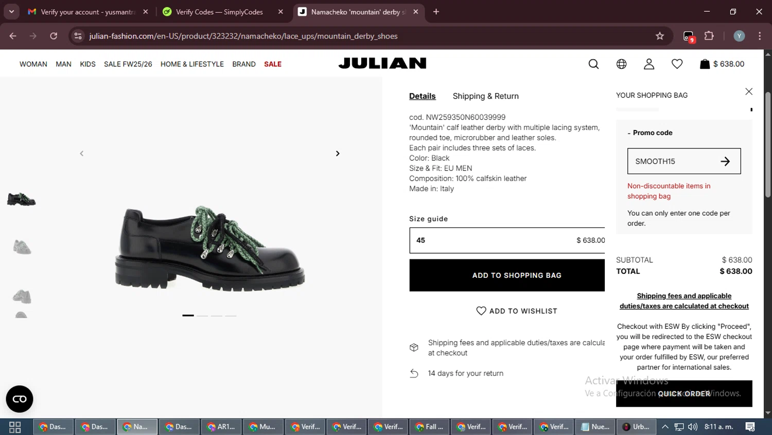Julian Fashion promo code screenshot showing code SMOOTH15 applied at Julian Fashion checkout page. Uploaded by SimplyCodes community member MoneyTiger5162 on Nov 25, 2025
