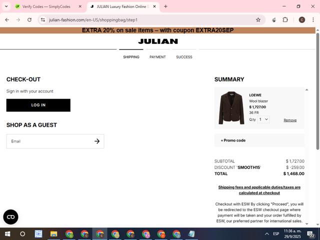 Julian Fashion checkout page showing Julian Fashion promo code box | Screenshot taken by SimplyCodes community member on Sep 29, 2025