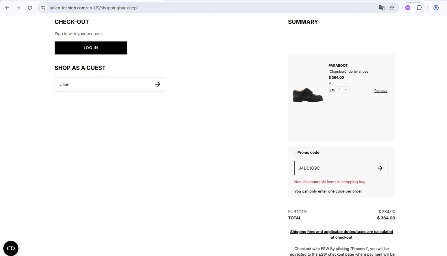 Julian Fashion promo code screenshot showing code J4DC1G9C applied at Julian Fashion checkout page. Uploaded by SimplyCodes community member PrimeWarden1601 on Dec 11, 2025