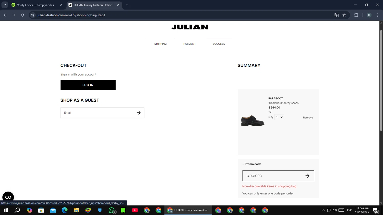 Julian Fashion promo code screenshot showing code J4DC1G9C applied at Julian Fashion checkout page. Uploaded by SimplyCodes community member PromoScout8746 on Dec 11, 2025