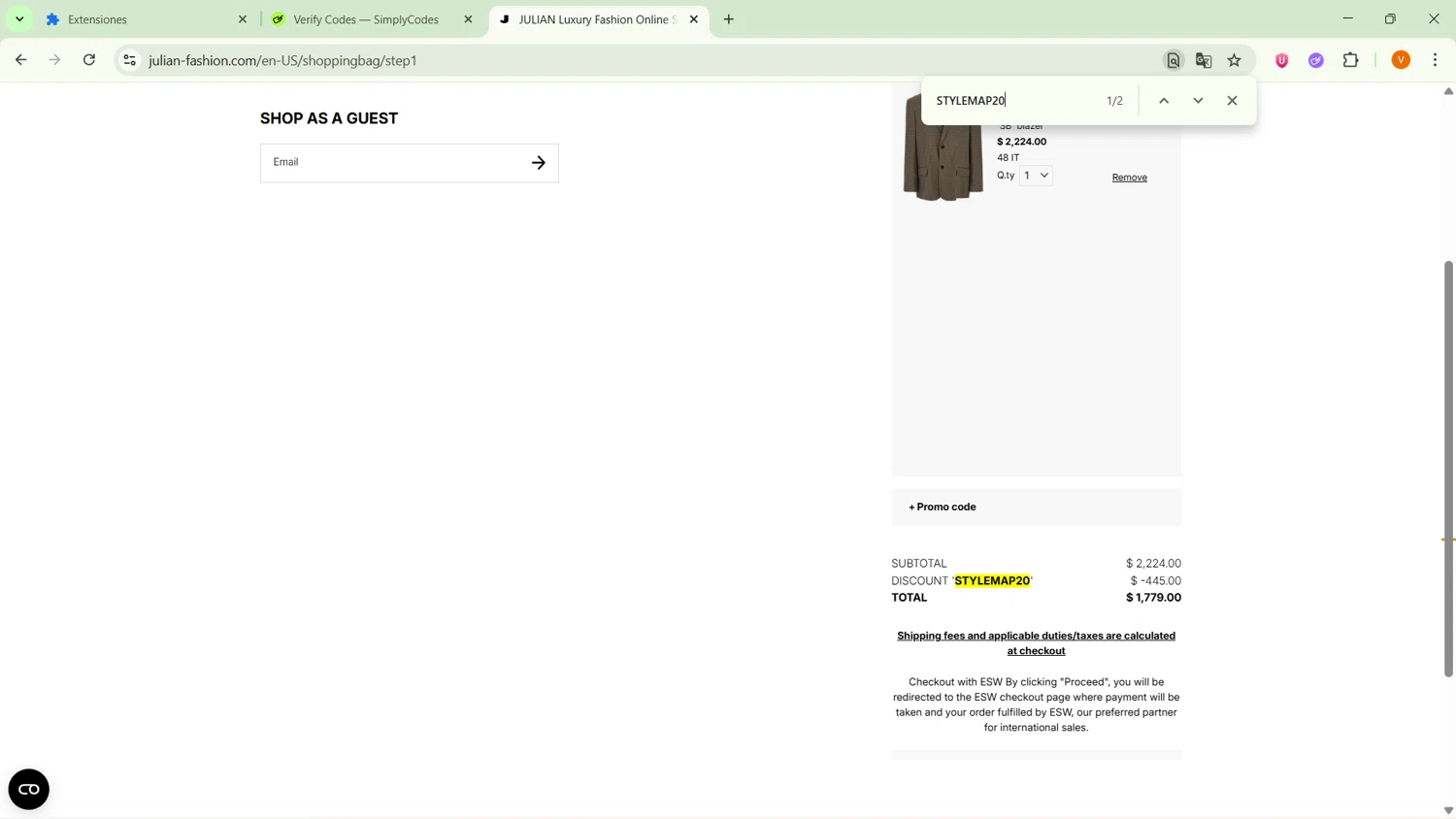 Julian Fashion promo code screenshot showing code STYLEMAP20 applied at Julian Fashion checkout page. Uploaded by SimplyCodes community member GoldFox1696 on Dec 24, 2025