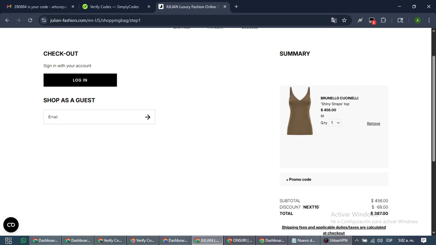 Julian Fashion checkout page showing Julian Fashion promo code box | Screenshot taken by SimplyCodes community member on Jan 22, 2026