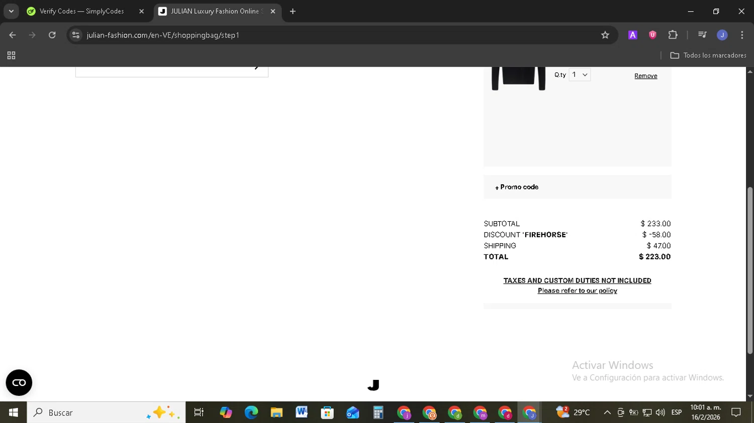 Julian Fashion checkout page showing Julian Fashion promo code box | Screenshot taken by SimplyCodes community member on Feb 16, 2026