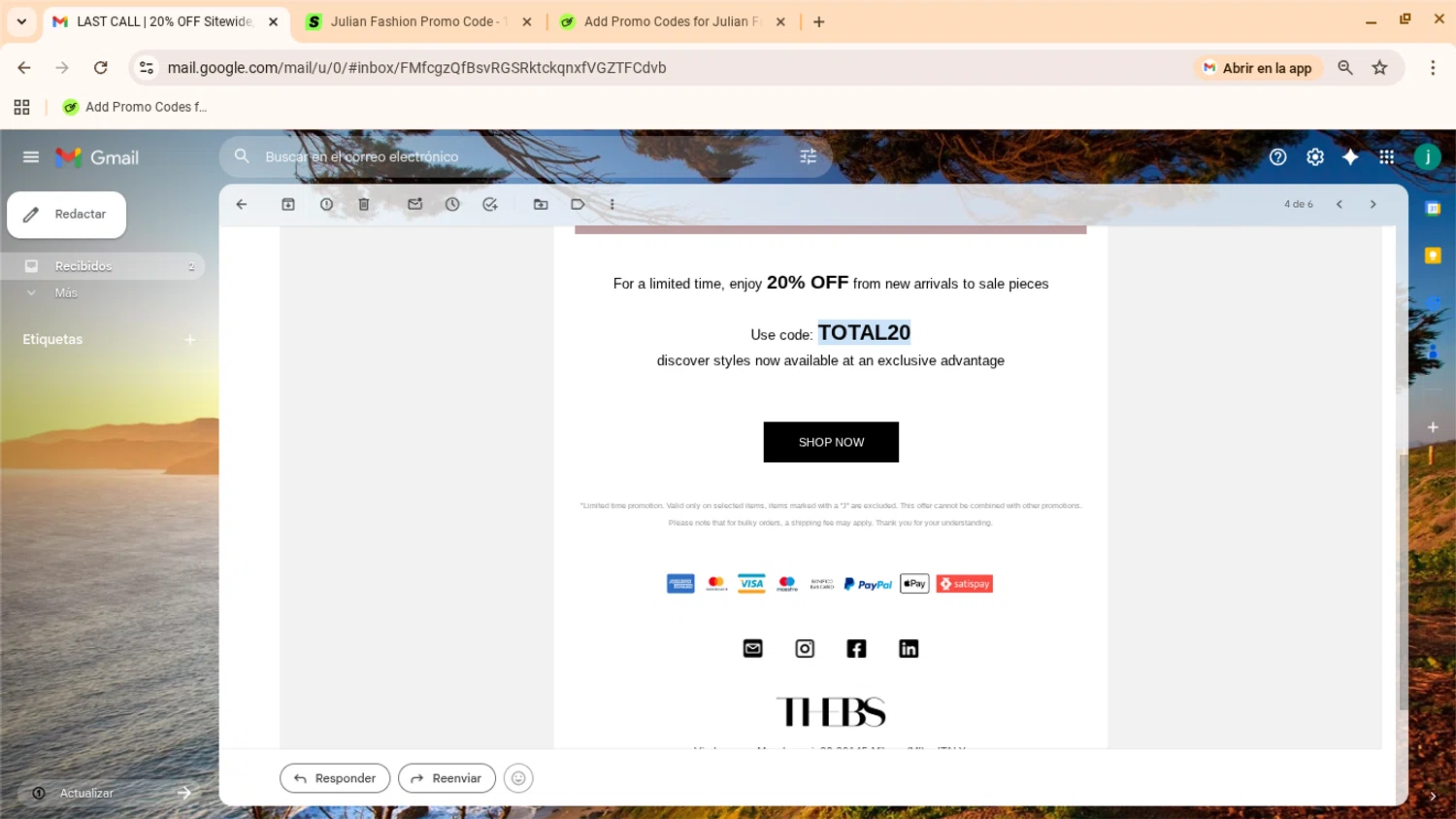 Julian Fashion promo code screenshot showing code TOTAL20 applied at Julian Fashion checkout page. Uploaded by SimplyCodes community member yennifergonzalez on Feb 23, 2026