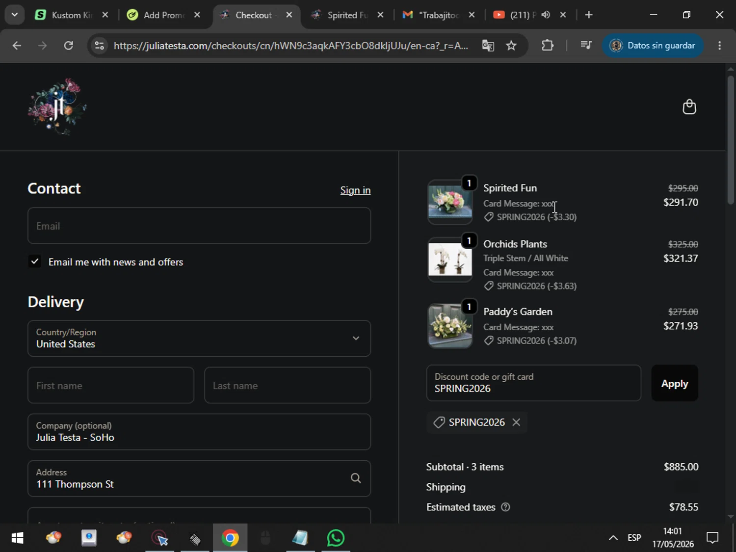 Julia Testa promo code screenshot showing code SPRING2026 applied at Julia Testa checkout page. Uploaded by SimplyCodes community member MarcosAranguren on May 17, 2026