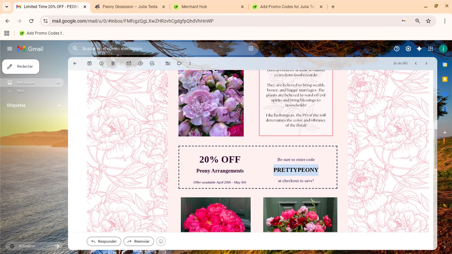 Julia Testa promo code screenshot showing code PRETTYPEONY applied at Julia Testa checkout page. Uploaded by SimplyCodes community member yennifergonzalez on Apr 29, 2026