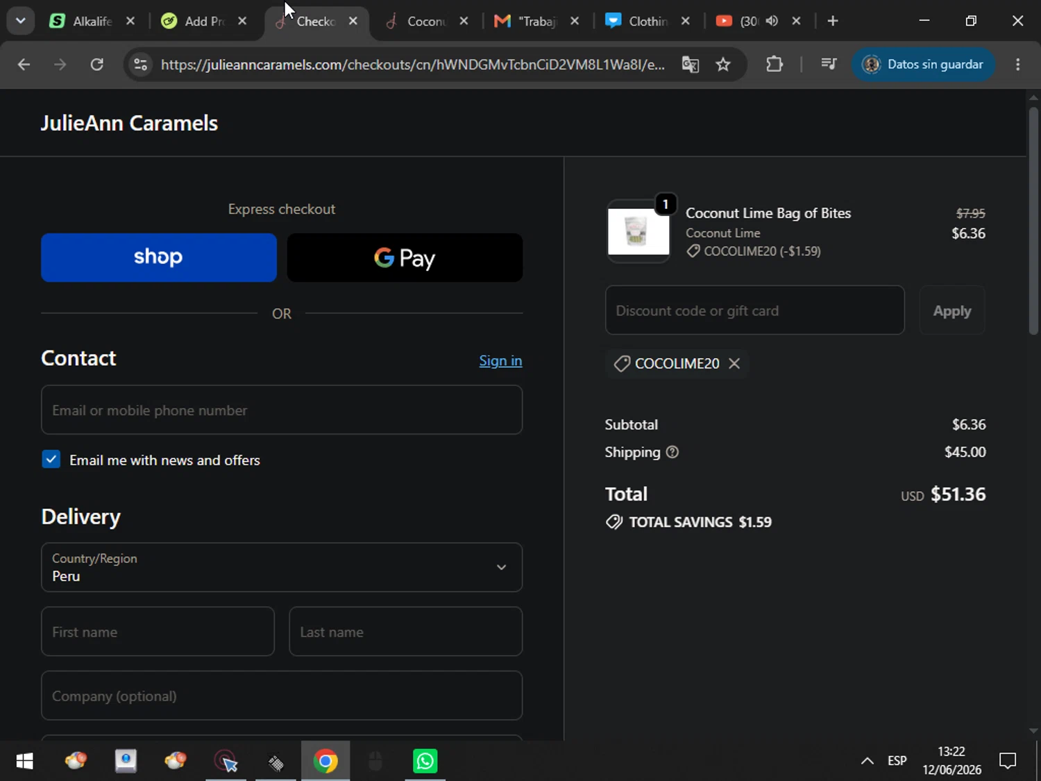 JulieAnn Caramels promo code screenshot showing code cocolime20 applied at JulieAnn Caramels checkout page. Uploaded by SimplyCodes community member MarcosAranguren on Jun 12, 2026