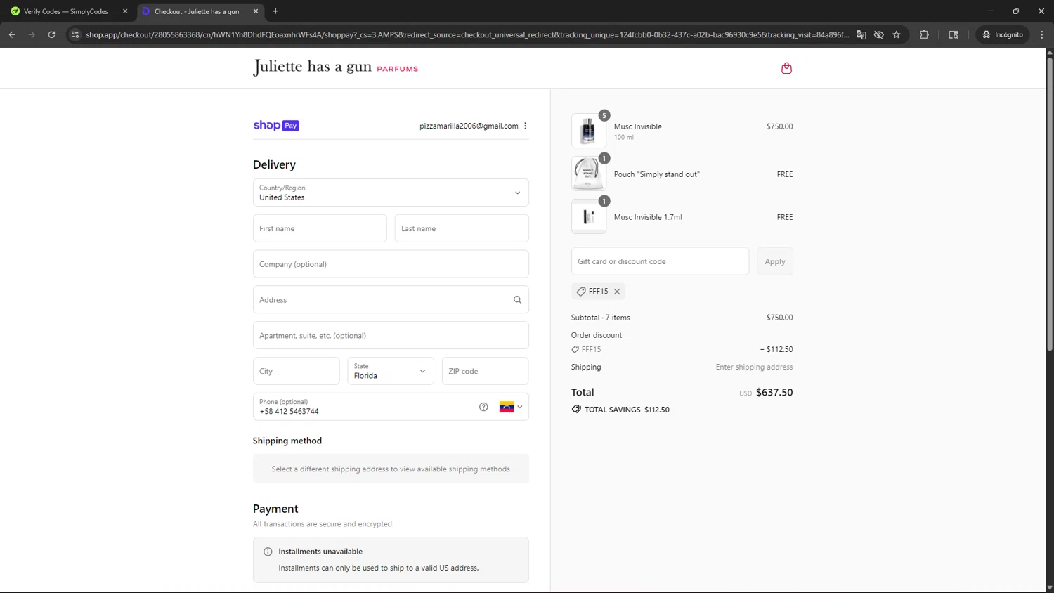 Juliette has a Gun checkout page showing Juliette has a Gun discount code box | Screenshot taken by SimplyCodes community member on Aug 8, 2025