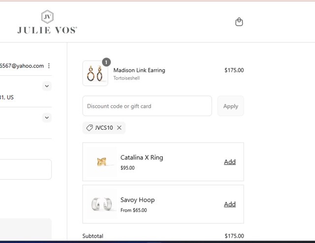 Julie Vos checkout page showing Julie Vos discount code box | Screenshot taken by SimplyCodes community member on Aug 31, 2025