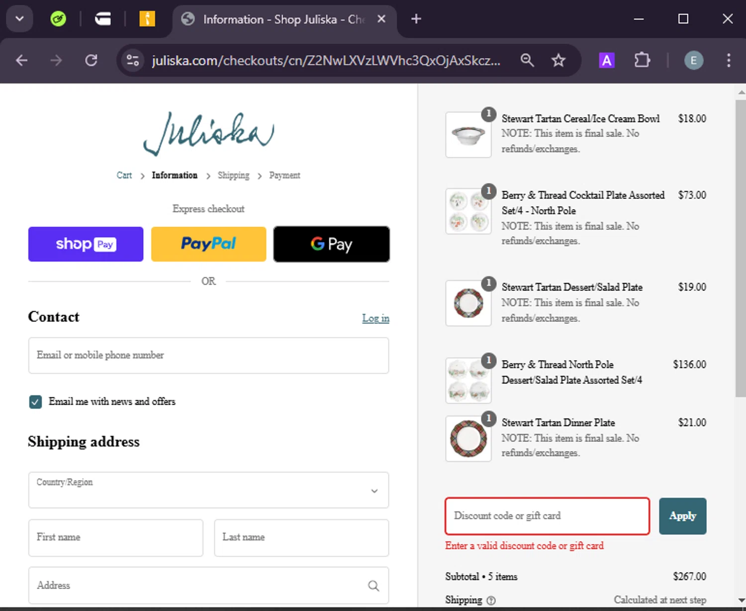 Juliska discount code screenshot showing code JULISKAJOY applied at Juliska checkout page. Uploaded by SimplyCodes community member LuckyExpert7689 on Dec 27, 2024