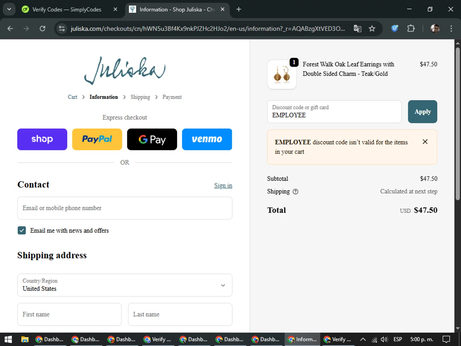Juliska discount code screenshot showing code EMPLOYEE applied at Juliska checkout page. Uploaded by SimplyCodes community member DiscountSeeker682 on Nov 30, 2025