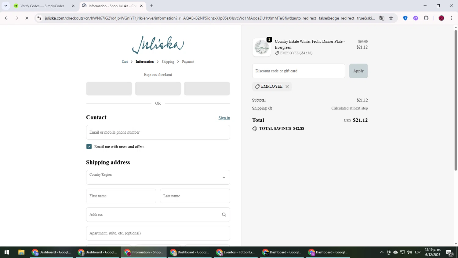 Juliska discount code screenshot showing code EMPLOYEE applied at Juliska checkout page. Uploaded by SimplyCodes community member MightyLegend6657 on Dec 6, 2025