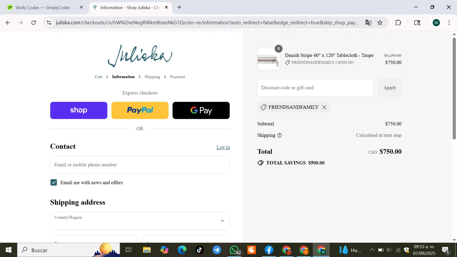Juliska discount code screenshot showing code friendsandfamily applied at Juliska checkout page. Uploaded by SimplyCodes community member JPRJOESTAR on Sep 7, 2025
