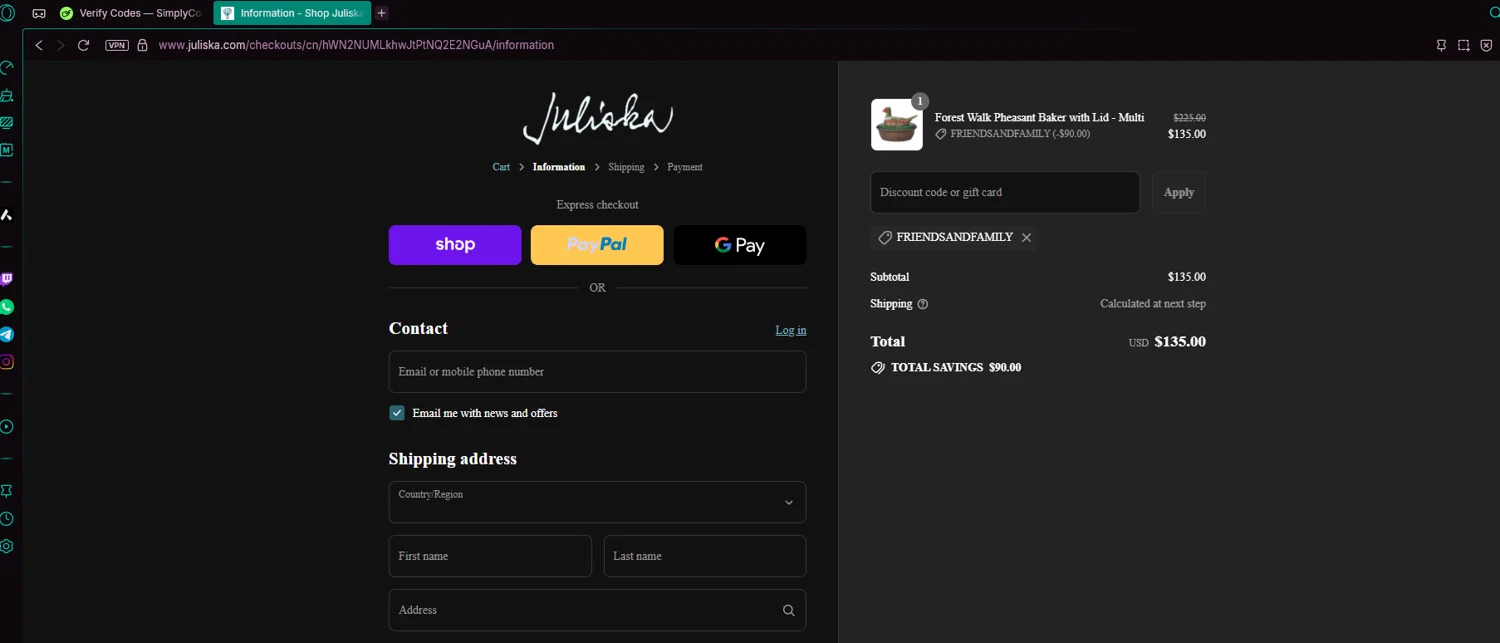 Juliska discount code screenshot showing code friendsandfamily applied at Juliska checkout page. Uploaded by SimplyCodes community member chepipi on Aug 30, 2025