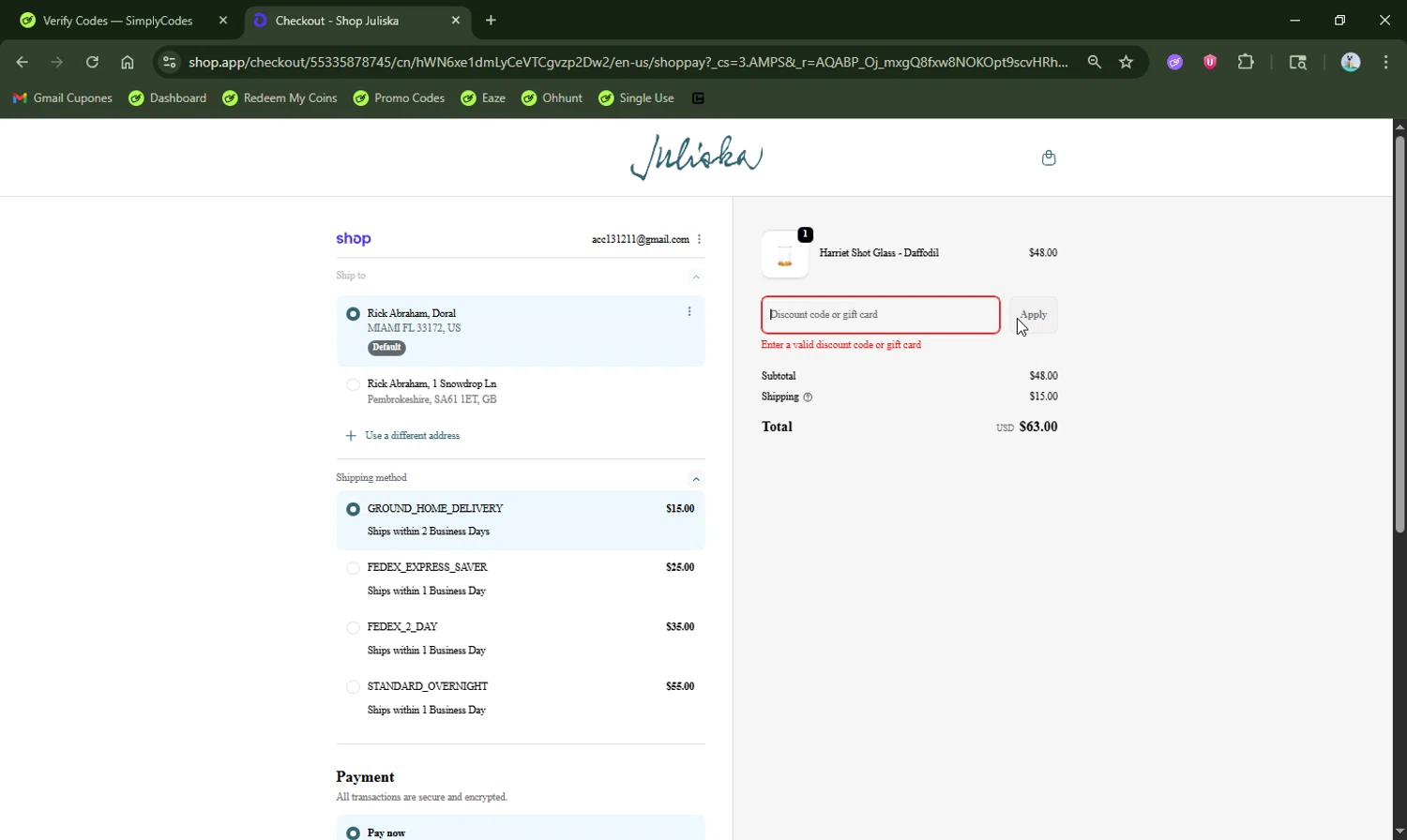Juliska discount code screenshot showing code CODE10 applied at Juliska checkout page. Uploaded by SimplyCodes community member LHaunter2 on Dec 28, 2025