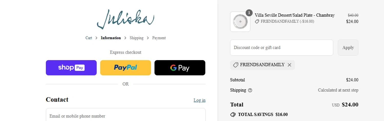 Juliska discount code screenshot showing code friendsandfamily applied at Juliska checkout page. Uploaded by SimplyCodes community member ashe1986 on Aug 12, 2025