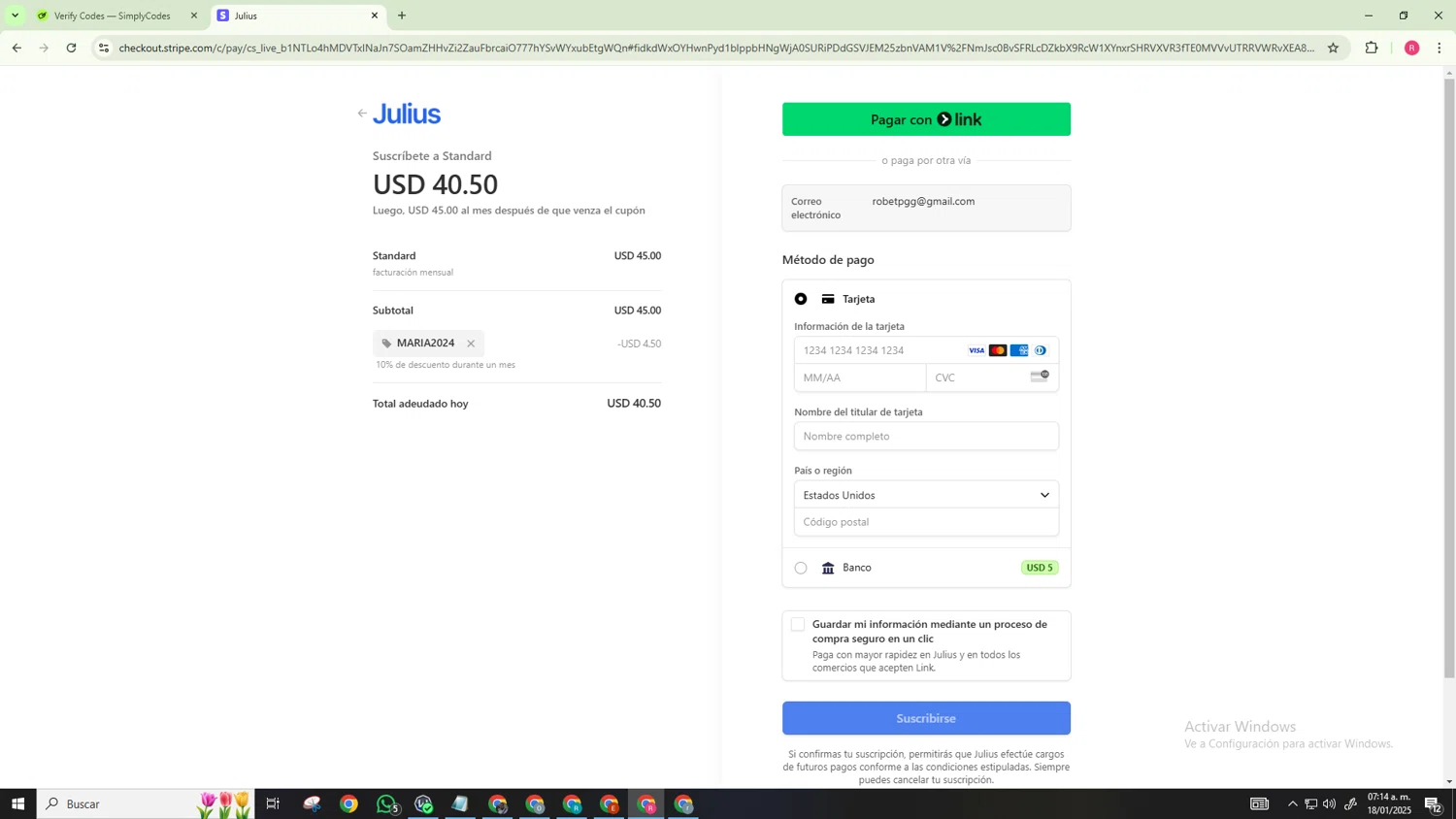 Julius AI promo code screenshot showing code MARIA2024 applied at Julius AI checkout page. Uploaded by SimplyCodes community member NobleExpert518 on Jan 18, 2025