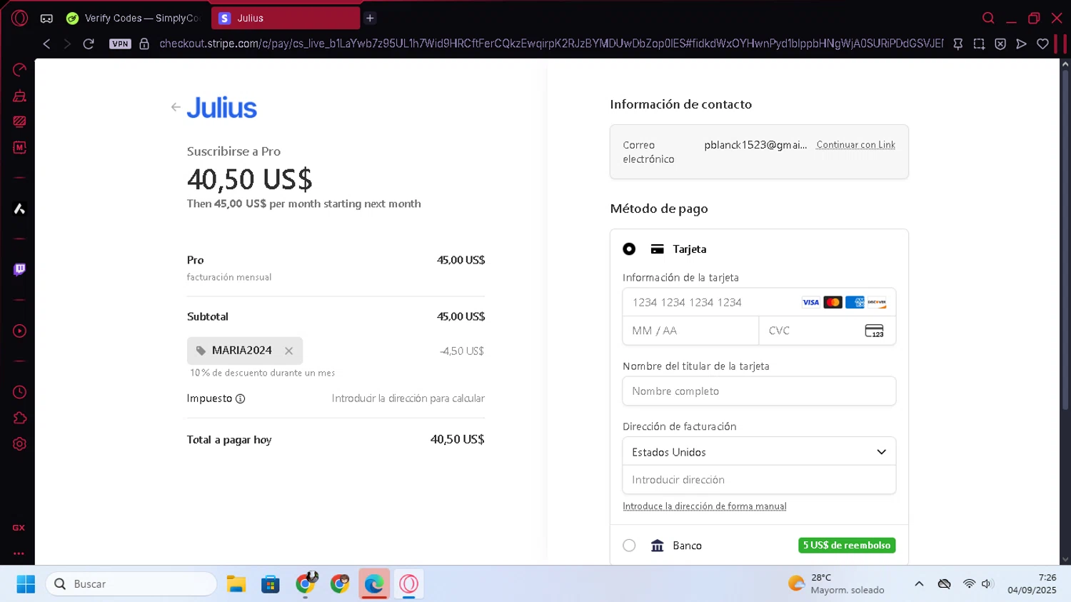 Julius AI promo code screenshot showing code MARIA2024 applied at Julius AI checkout page. Uploaded by SimplyCodes community member YunoMaria on Sep 4, 2025