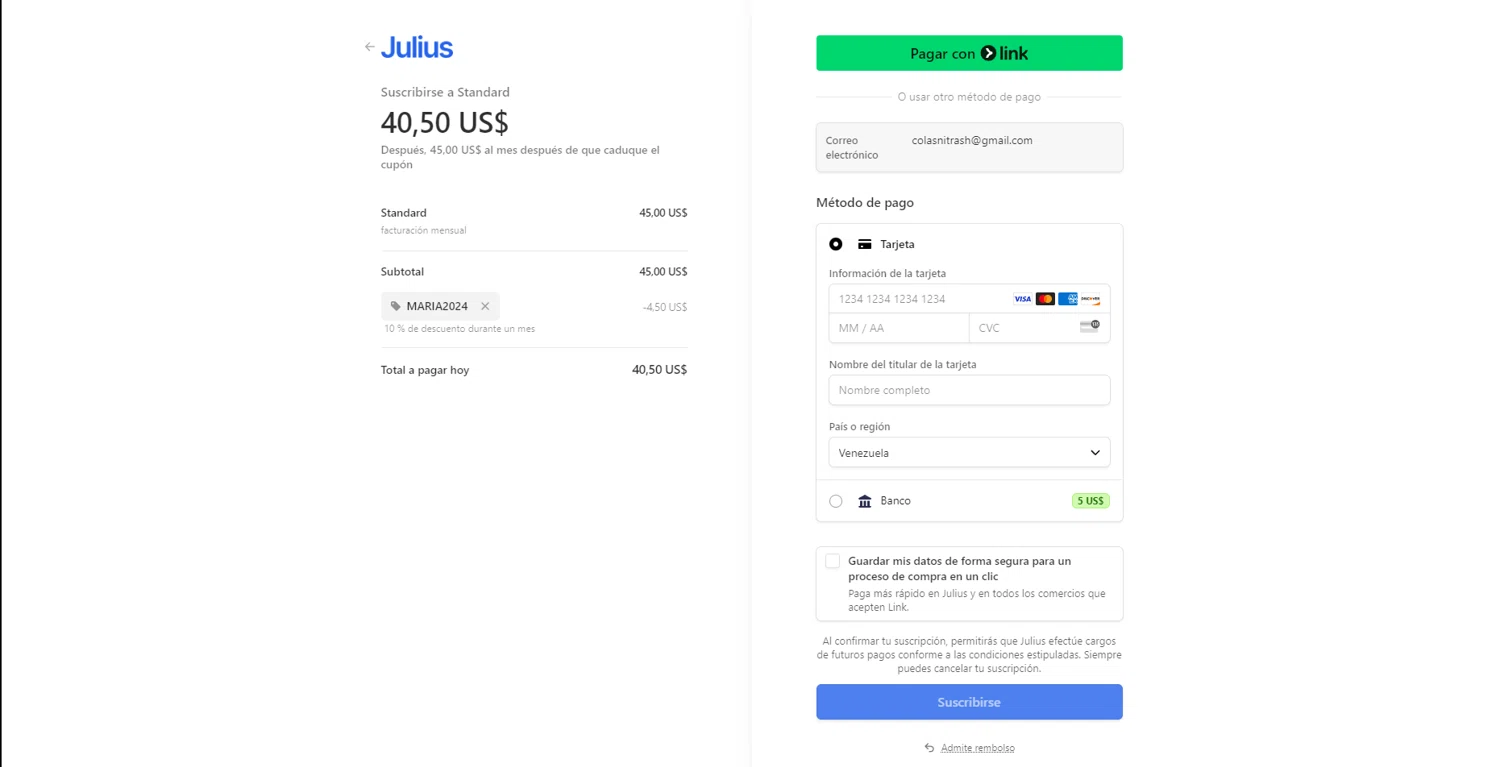 Julius AI promo code screenshot showing code MARIA2024 applied at Julius AI checkout page. Uploaded by SimplyCodes community member WonderGuardian4443 on Feb 16, 2025