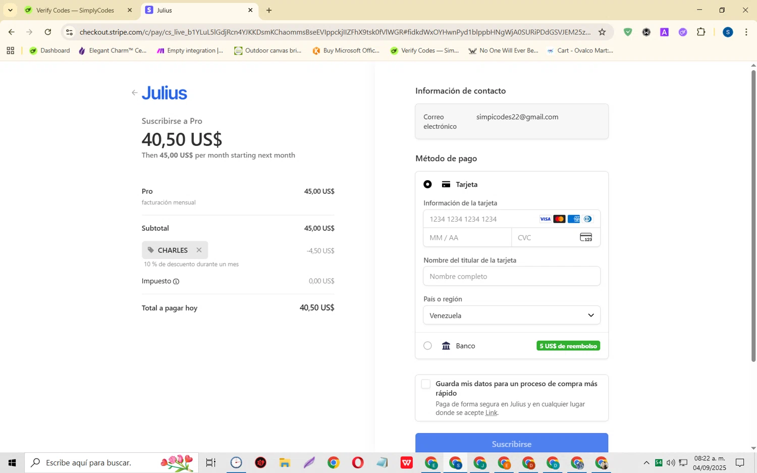 Julius AI promo code screenshot showing code CHARLES applied at Julius AI checkout page. Uploaded by SimplyCodes community member CleverOwl2485 on Sep 4, 2025