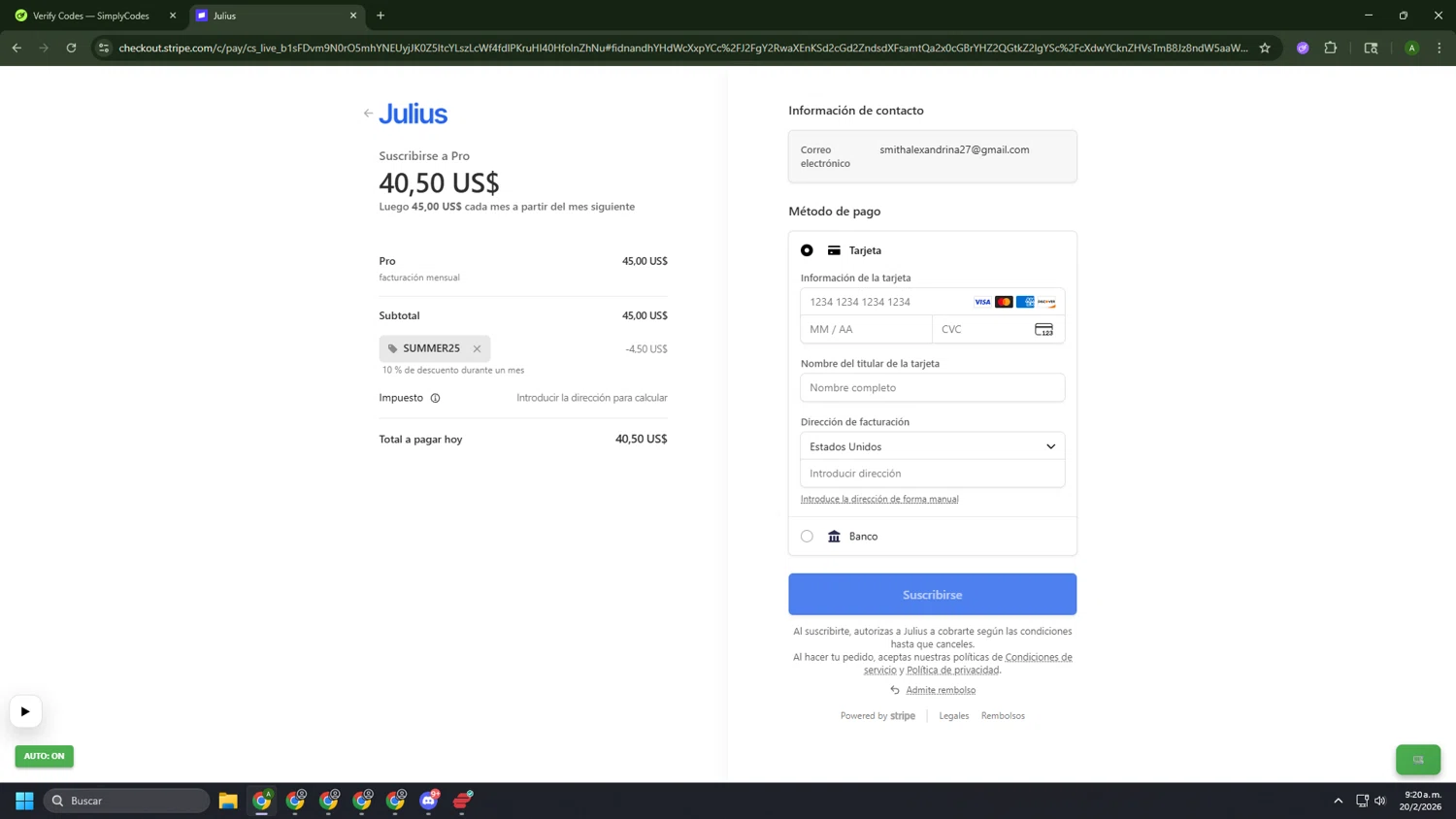 Julius AI checkout page showing Julius AI promo code box | Screenshot taken by SimplyCodes community member on Feb 20, 2026