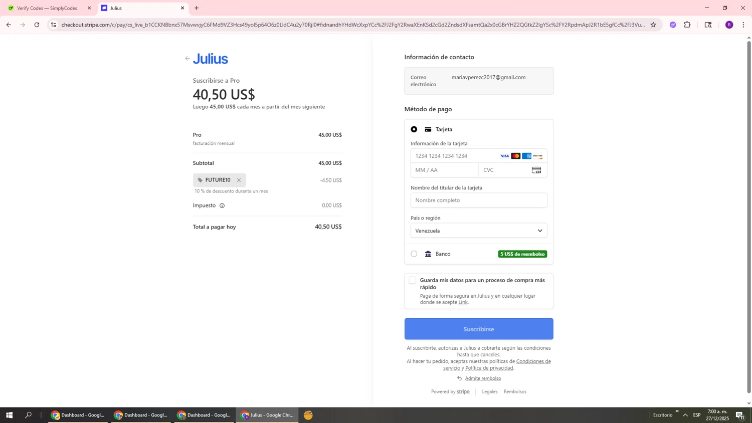 Julius AI promo code screenshot showing code FUTURE10 applied at Julius AI checkout page. Uploaded by SimplyCodes community member ukemochi on Dec 27, 2025