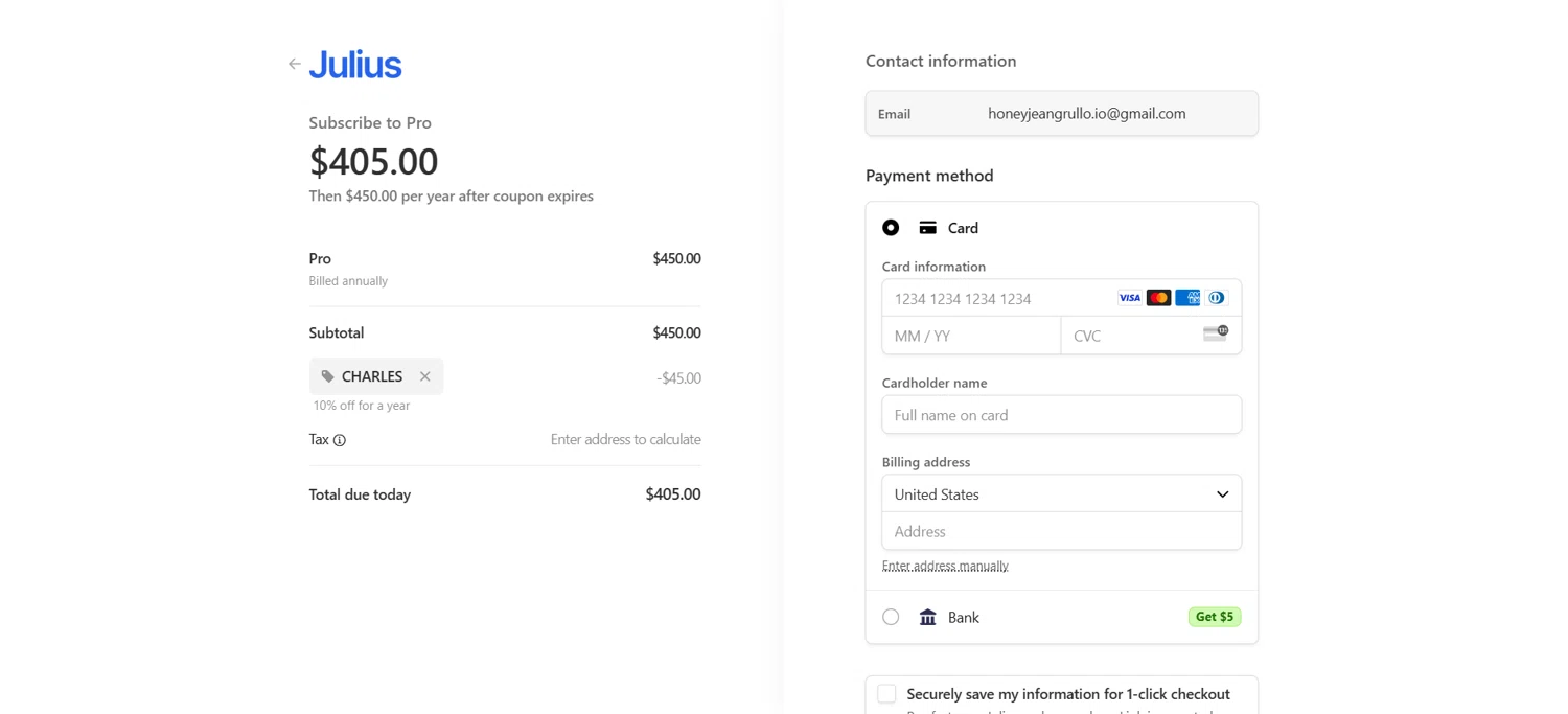 Julius AI promo code screenshot showing code CHARLES applied at Julius AI checkout page. Uploaded by SimplyCodes community member HoneyJean on Apr 4, 2025