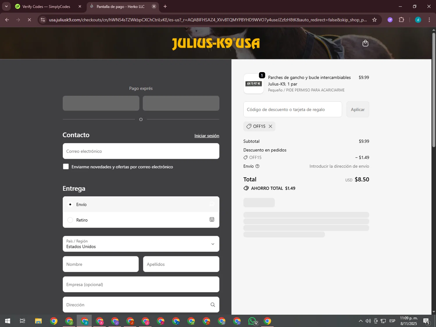 Julius-K9 promo code screenshot showing code OFF15 applied at Julius-K9 checkout page. Uploaded by SimplyCodes community member GloriousTiger3507 on Nov 9, 2025