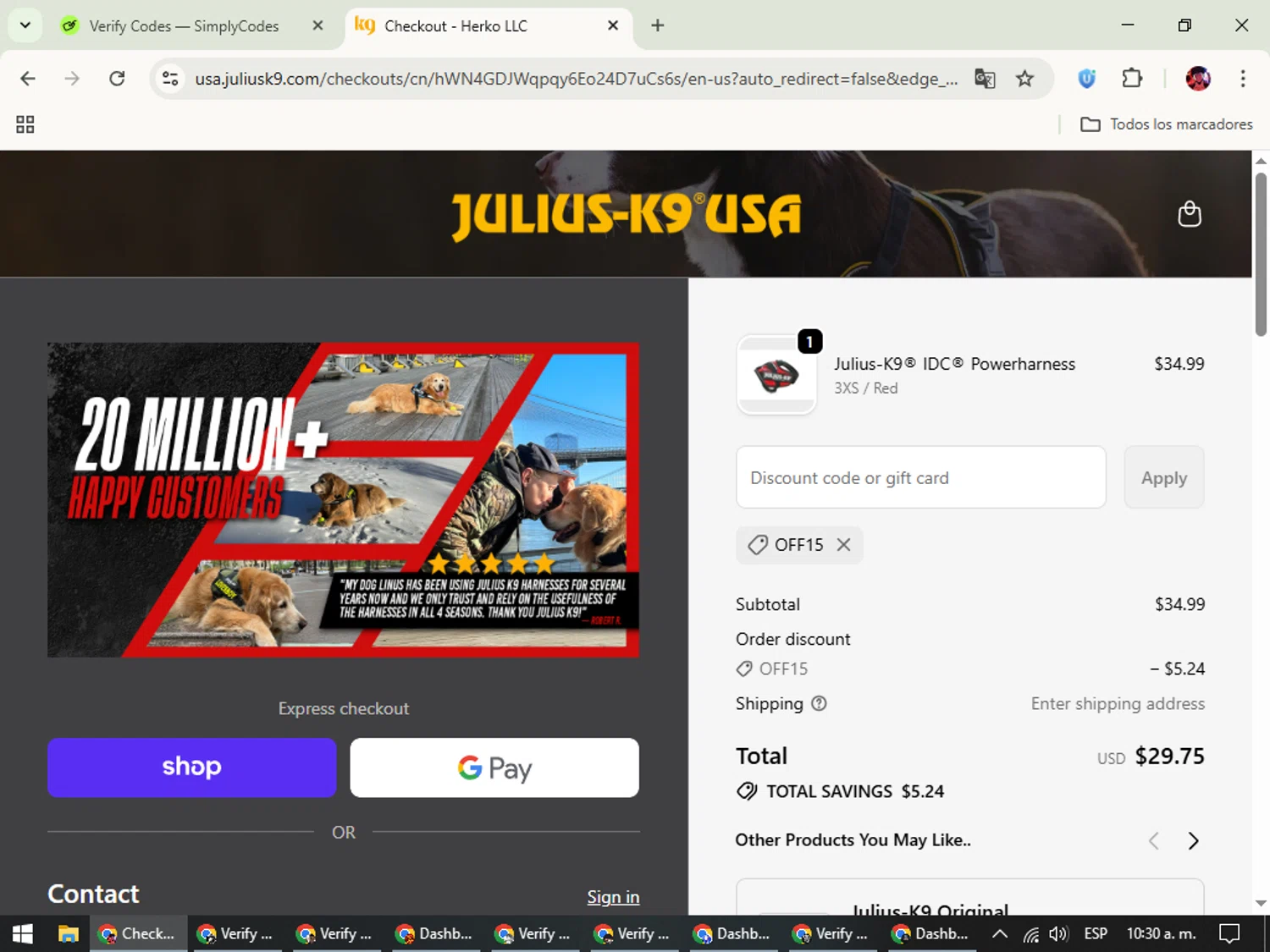 Julius-K9 promo code screenshot showing code OFF15 applied at Julius-K9 checkout page. Uploaded by SimplyCodes community member SavingsEagle5772 on Oct 18, 2025