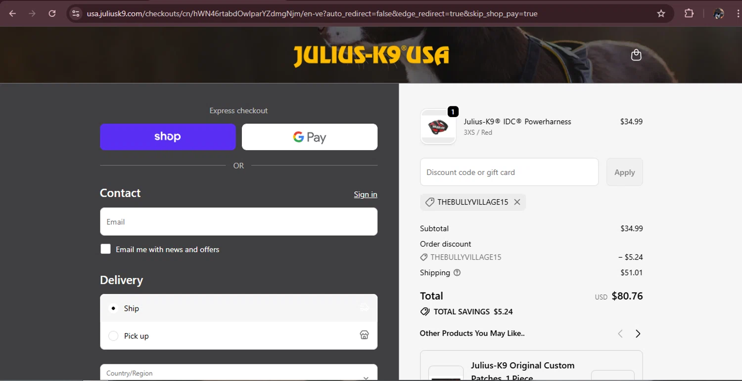 Julius-K9 promo code screenshot showing code THEBULLYVILLAGE15 applied at Julius-K9 checkout page. Uploaded by SimplyCodes community member MagnificentAdmiral9096 on Oct 14, 2025
