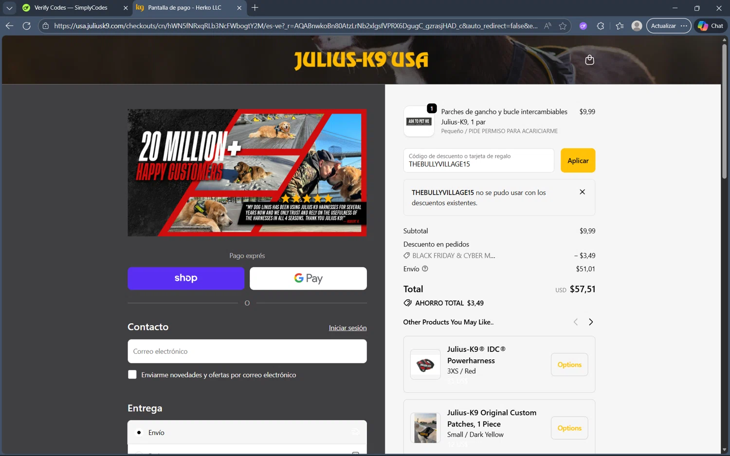 Julius-K9 promo code screenshot showing code THEBULLYVILLAGE15 applied at Julius-K9 checkout page. Uploaded by SimplyCodes community member frijolito on Nov 24, 2025