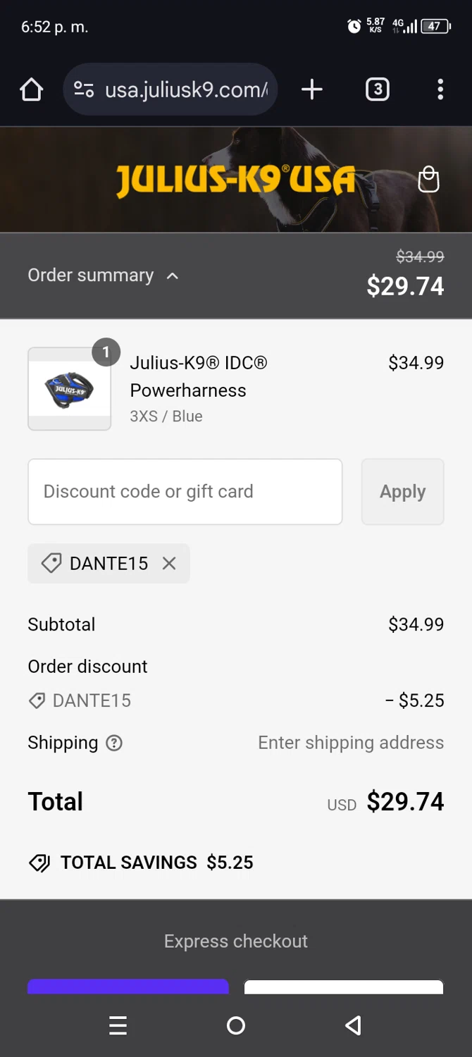 Julius-K9 promo code screenshot showing code DANTE15 applied at Julius-K9 checkout page. Uploaded by SimplyCodes community member Mdeoca on Jan 29, 2025