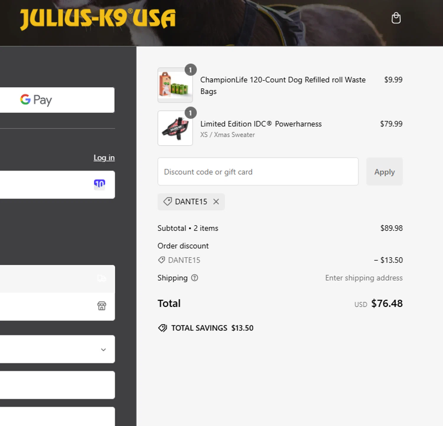 Julius-K9 promo code screenshot showing code DANTE15 applied at Julius-K9 checkout page. Uploaded by SimplyCodes community member Westcoll on Jan 25, 2025