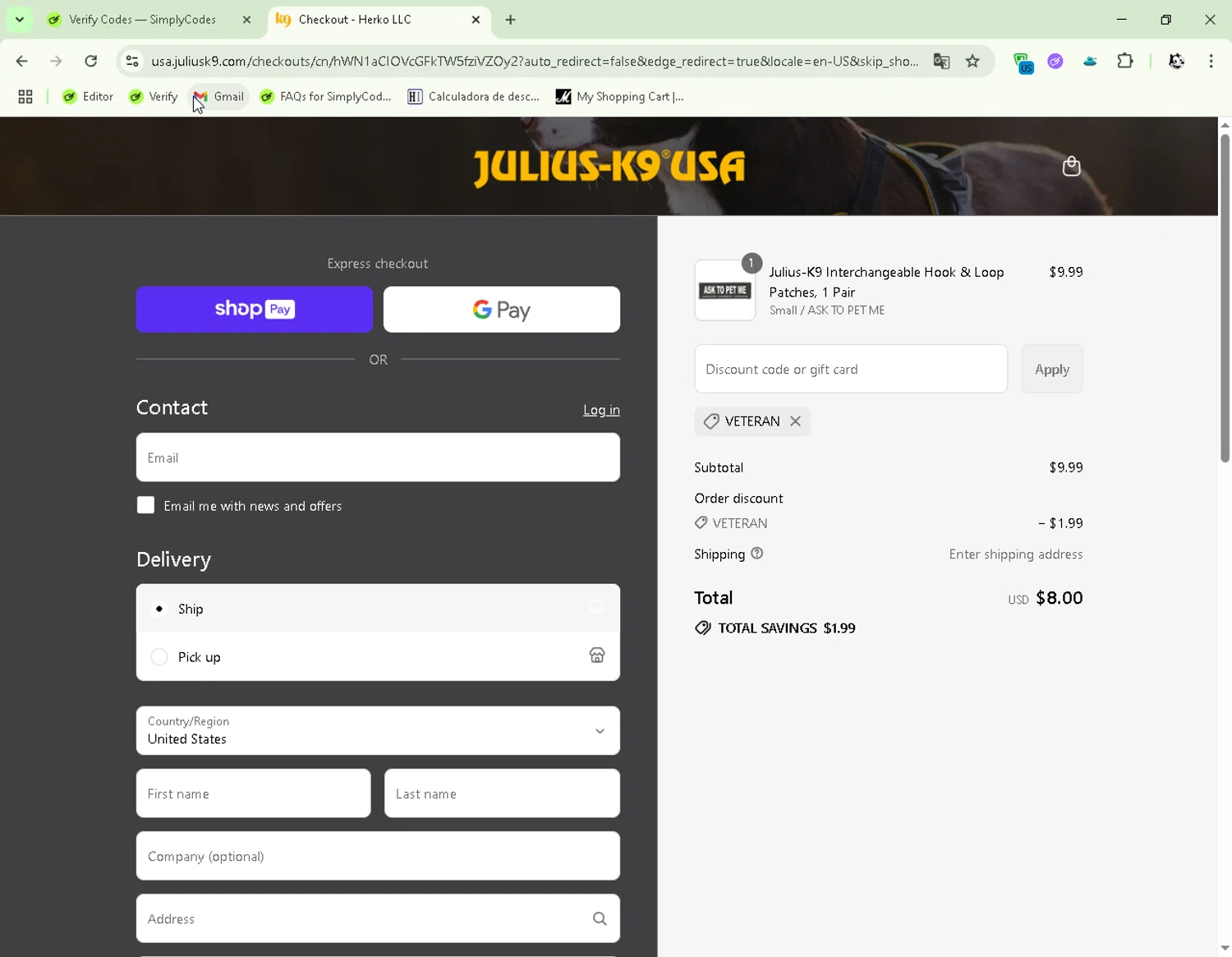 Julius-K9 promo code screenshot showing code VETERAN applied at Julius-K9 checkout page. Uploaded by SimplyCodes community member FelixelGato on Aug 9, 2025