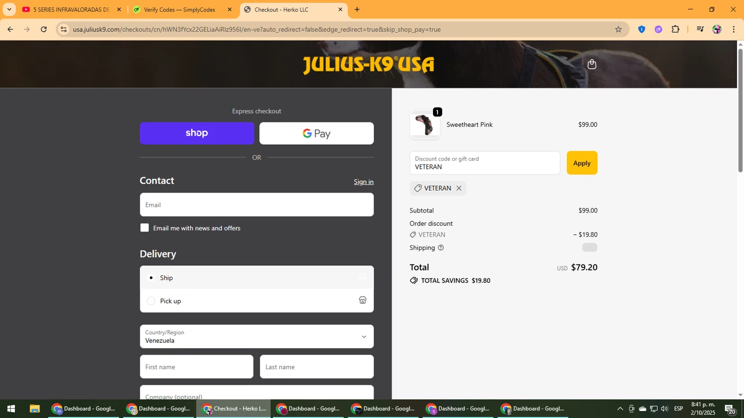 Julius-K9 promo code screenshot showing code VETERAN applied at Julius-K9 checkout page. Uploaded by SimplyCodes community member Vanmanuel on Oct 3, 2025