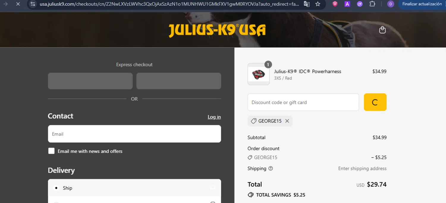 Julius-K9 promo code screenshot showing code GEORGE15 applied at Julius-K9 checkout page. Uploaded by SimplyCodes community member ShieldCurator2100 on Jul 14, 2025