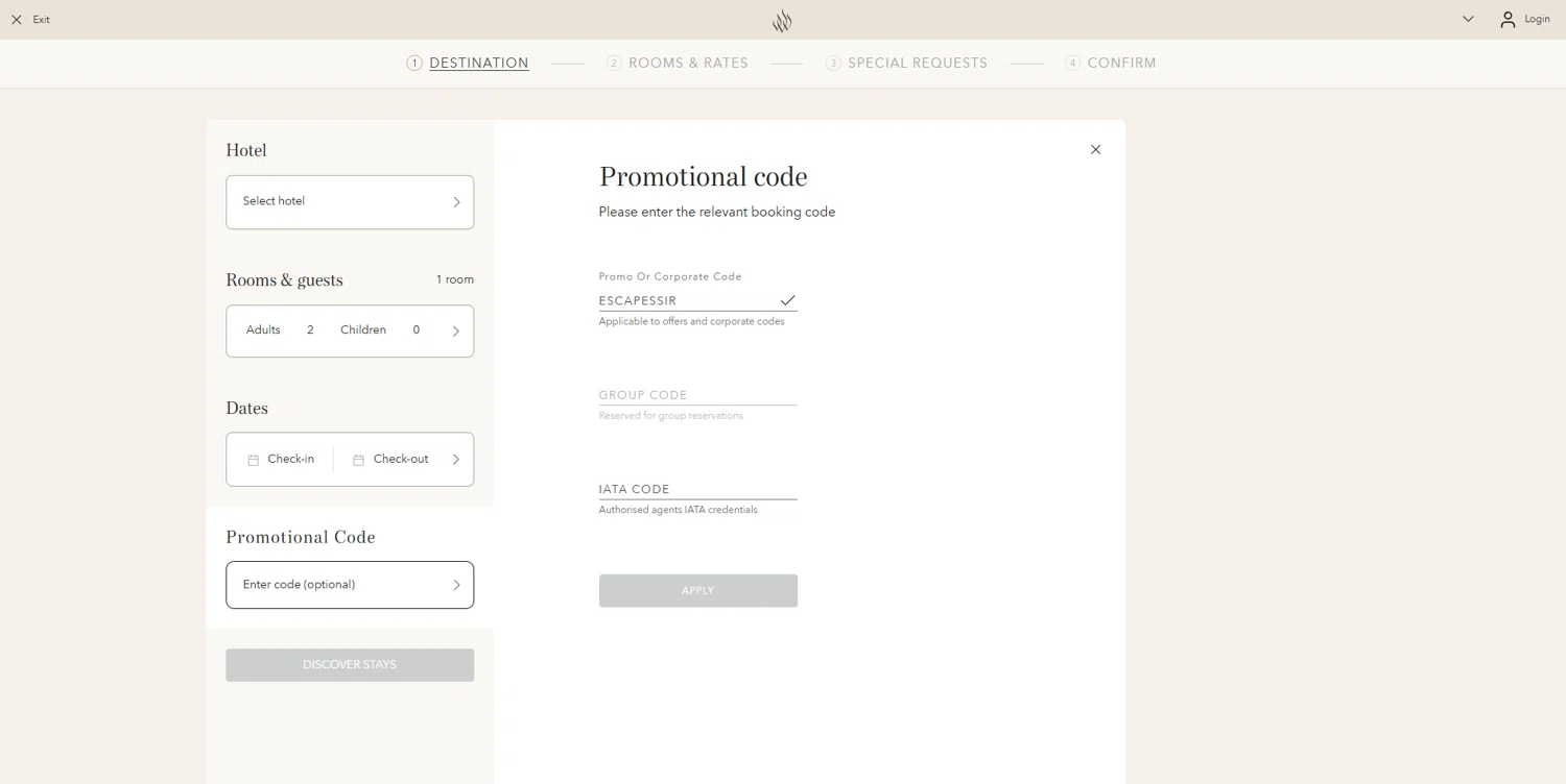 Jumeirah promo code screenshot showing code ESCAPESSIR applied at Jumeirah checkout page. Uploaded by SimplyCodes community member BrilliantVoyager5752 on Jun 30, 2025