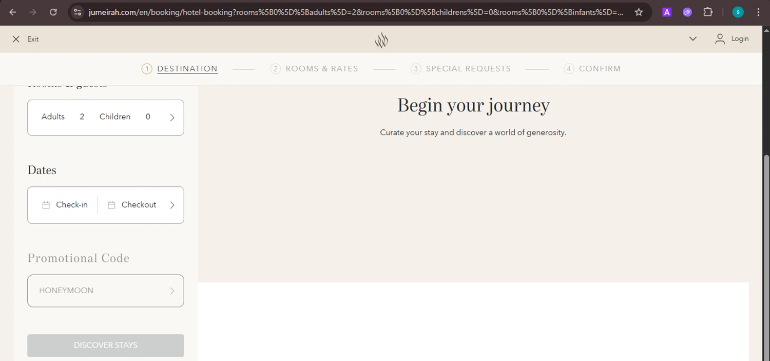 Jumeirah promo code screenshot showing code HONEYMOON applied at Jumeirah checkout page. Uploaded by SimplyCodes community member ValiantChaser7723 on Oct 24, 2025