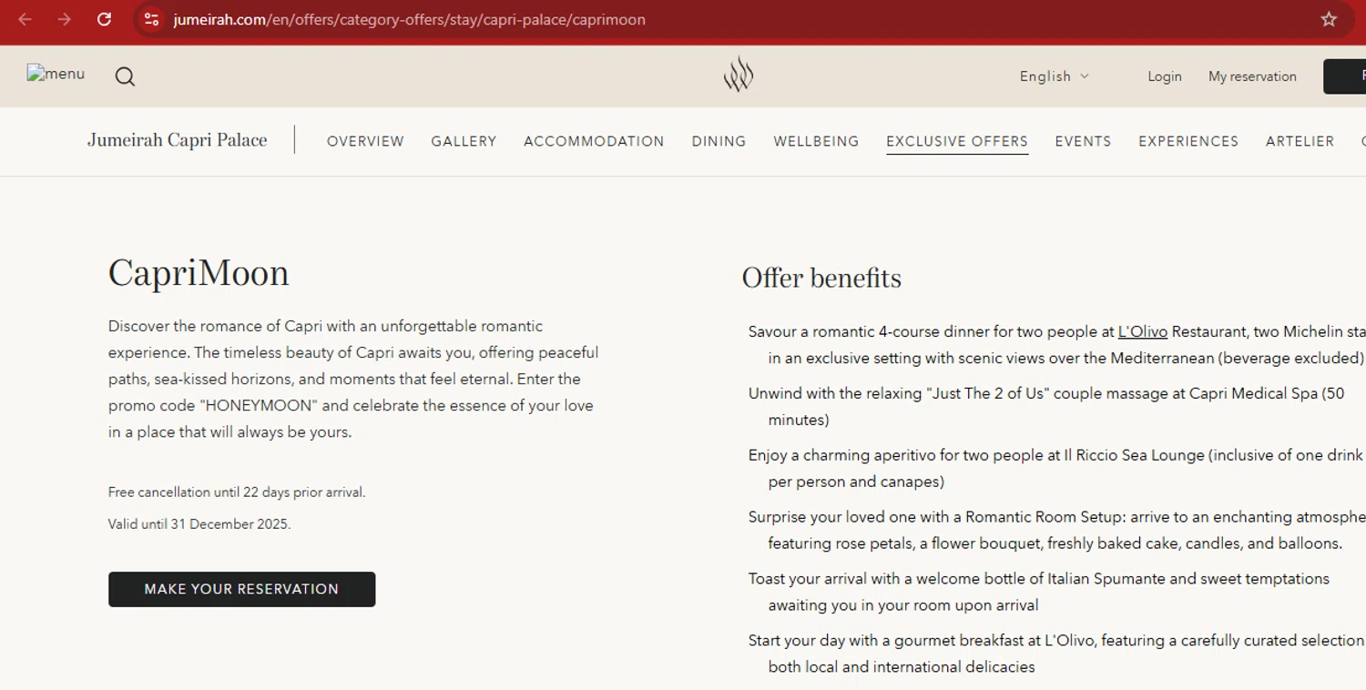 Jumeirah promo code screenshot showing code HONEYMOON applied at Jumeirah checkout page. Uploaded by SimplyCodes community member kimberlinmartinez on Sep 25, 2025