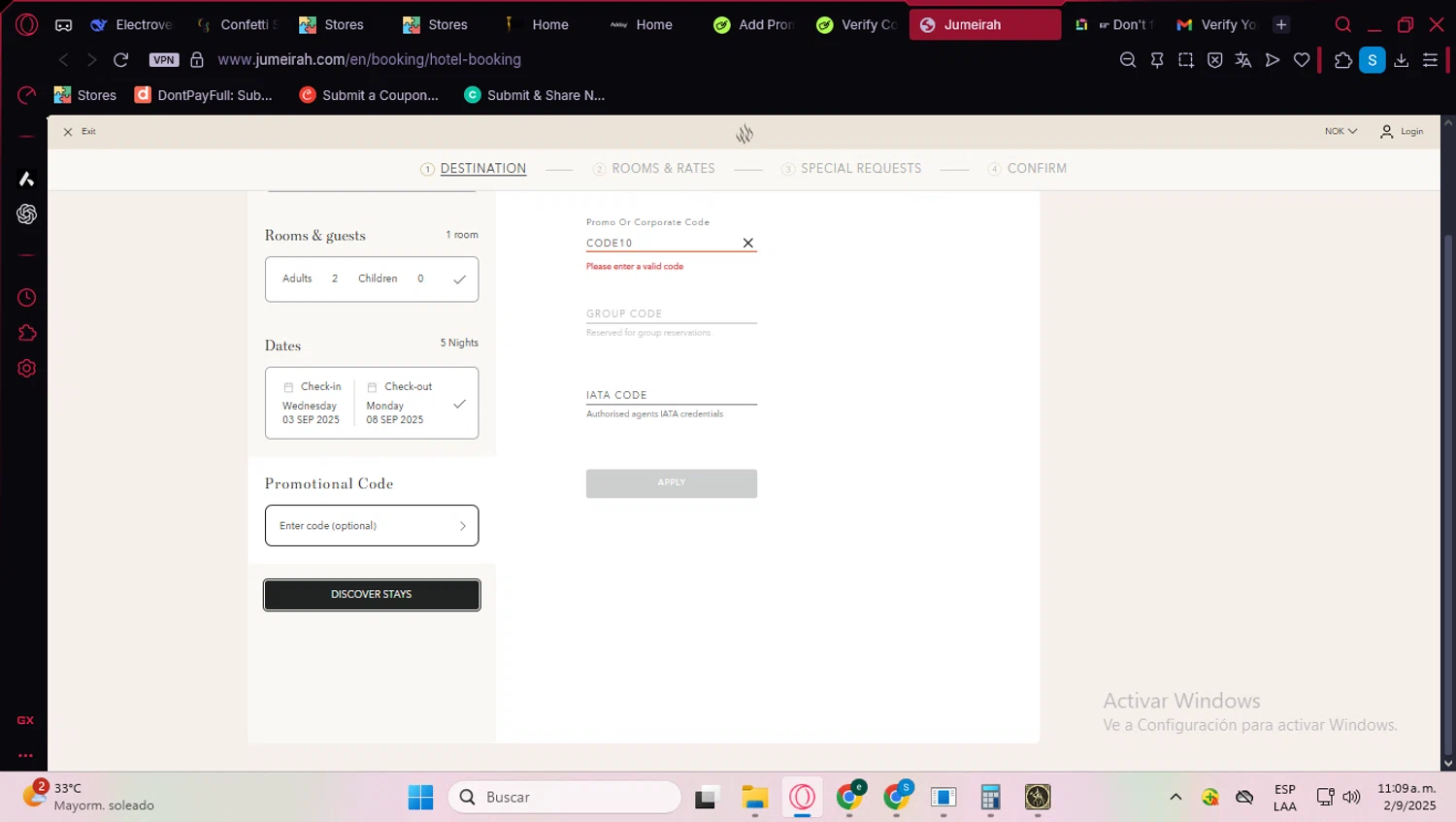 Jumeirah promo code screenshot showing code code10 applied at Jumeirah checkout page. Uploaded by SimplyCodes community member BrilliantScholar2524 on Sep 2, 2025