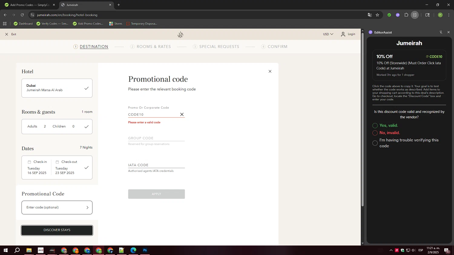 Jumeirah promo code screenshot showing code code10 applied at Jumeirah checkout page. Uploaded by SimplyCodes community member FortunateTiger3302 on Sep 2, 2025