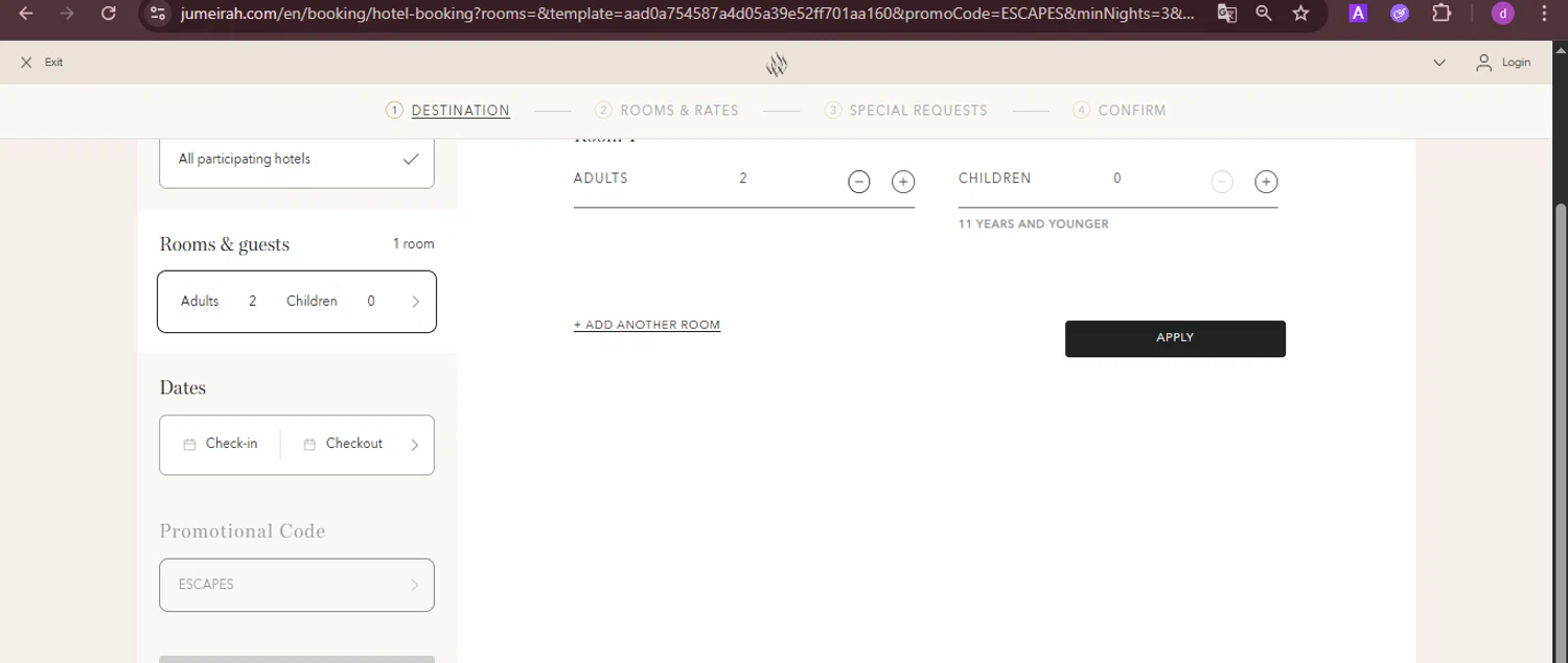 Jumeirah promo code screenshot showing code ESCAPES applied at Jumeirah checkout page. Uploaded by SimplyCodes community member PennyTiger4891 on Dec 20, 2025
