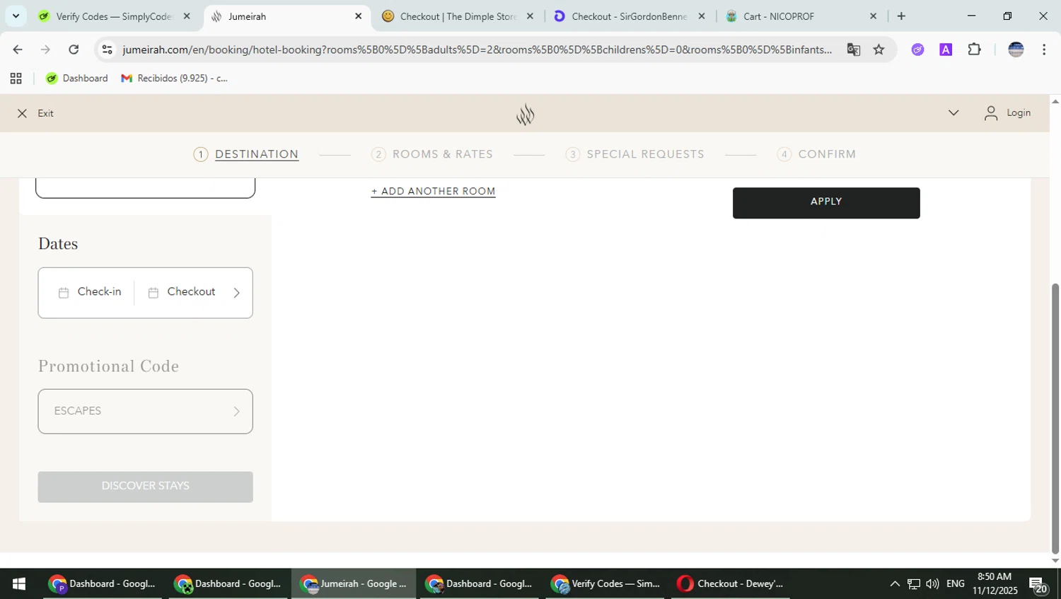 Jumeirah promo code screenshot showing code ESCAPES applied at Jumeirah checkout page. Uploaded by SimplyCodes community member TrevorPhilips on Nov 12, 2025