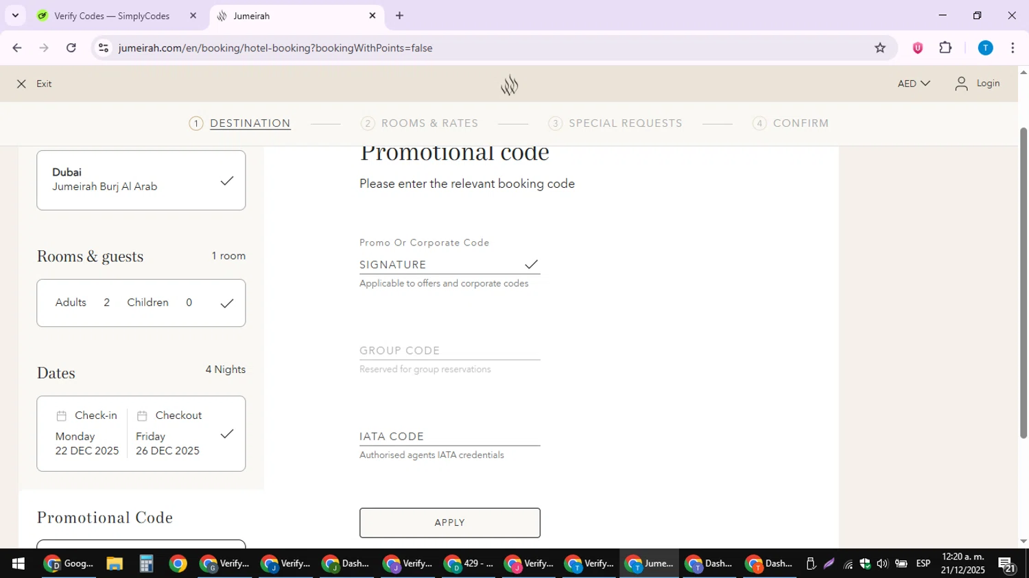 Jumeirah promo code screenshot showing code Signature applied at Jumeirah checkout page. Uploaded by SimplyCodes community member LuckyPioneer4530 on Dec 21, 2025