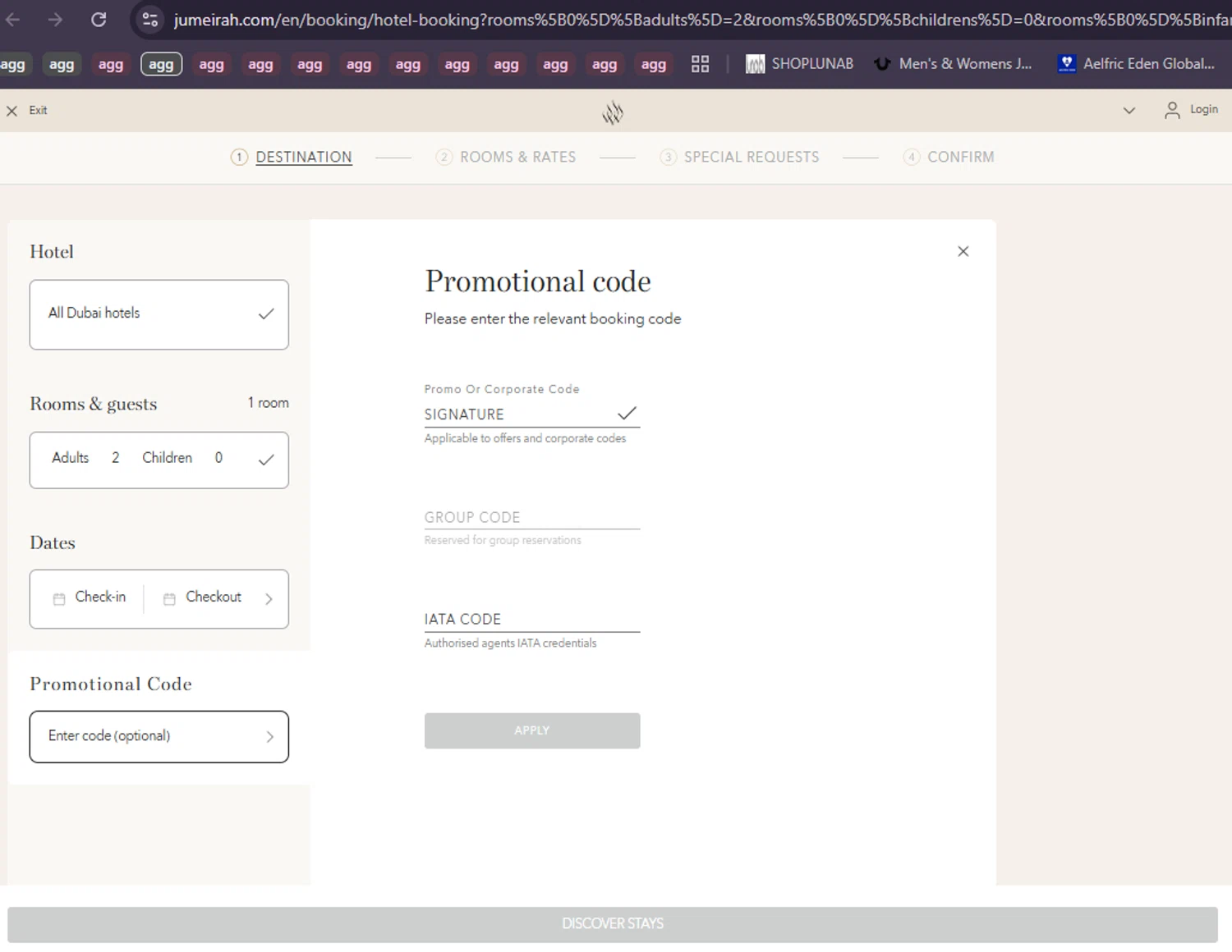 Jumeirah promo code screenshot showing code Signature applied at Jumeirah checkout page. Uploaded by SimplyCodes community member MoneySage8222 on Jan 19, 2026