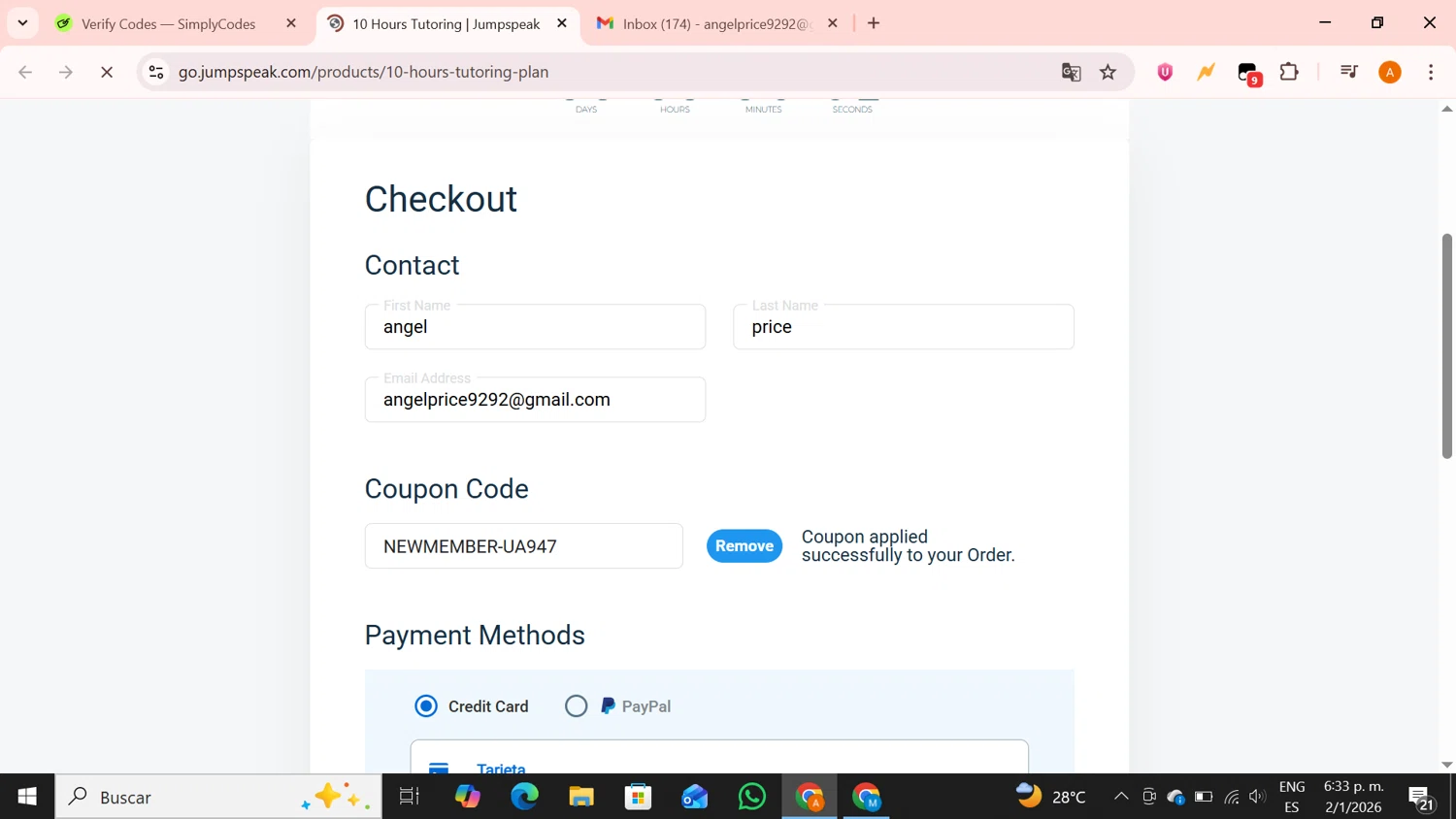 Jumpspeak checkout page showing Jumpspeak coupon code box | Screenshot taken by SimplyCodes community member on Jan 2, 2026